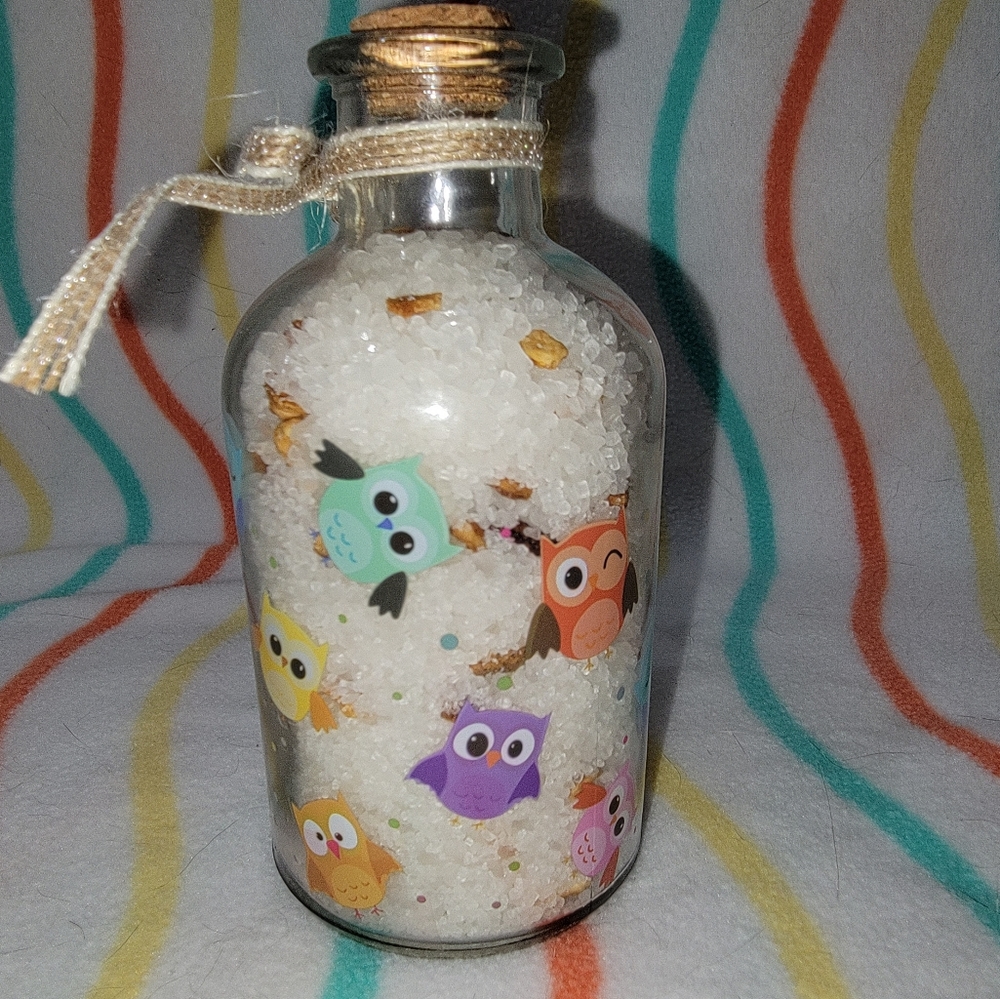 Glass Owl bottle with orange blossom bath salts